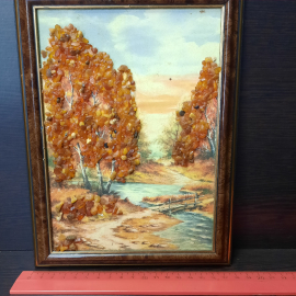 Картина с янтарём "Осенний лес", размер полотна 14.5х20.5 см. . Картинка 7